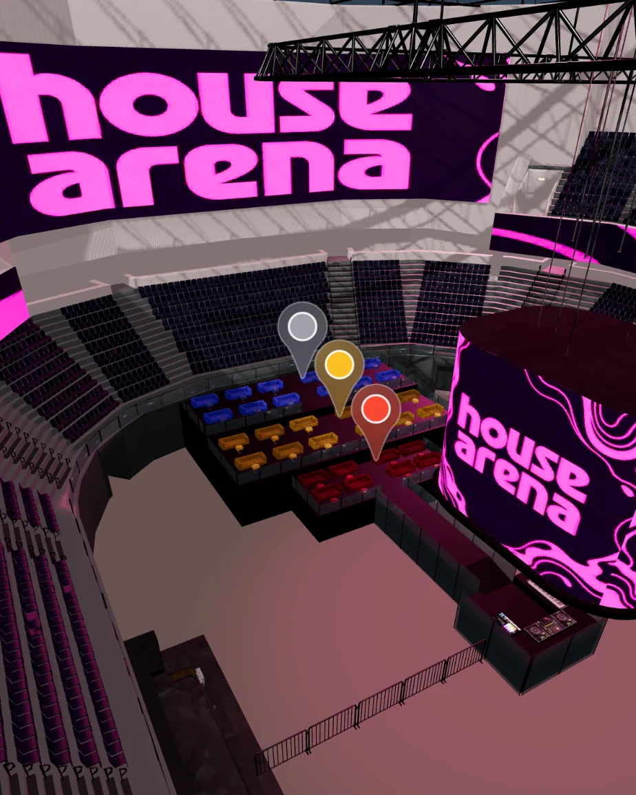 Mapa 3D del Roig Arena con la ubicación de los reservados Mesa VIP Silver, Mesa VIP Gold y Super VIP junto a la cabina.